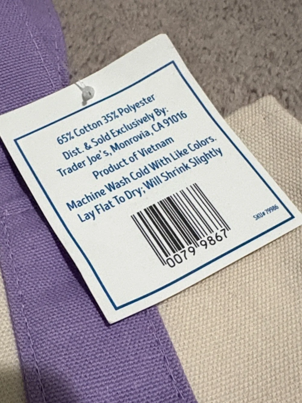 NWT Trader Joe’s Cream and Lavender Canvas Tote